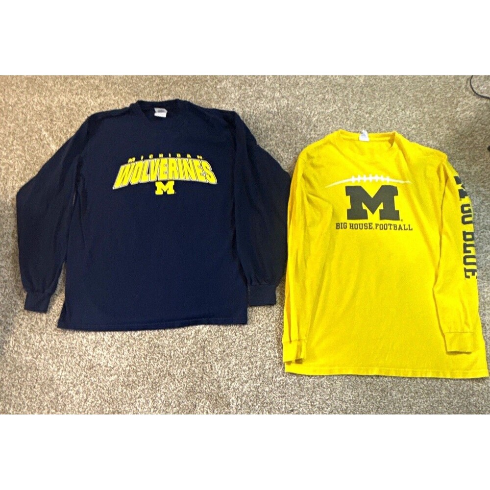 Gildan Michigan Wolverines Long Sleeve Shirts Lot of 2 Size M Navy Yellow - Picture 1 of 10